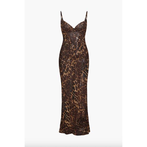 MICAS Leopard Print Sheer Draped Maxi Dress Brown Women’s Size M - Picture 1 of 11
